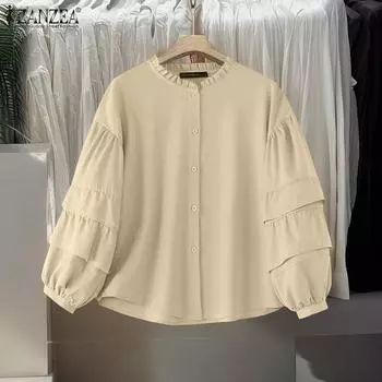 ZANZEA Женские летние рубашки с круглым вырезом и длинными рукавами-фонариками и оборками S бежевый
