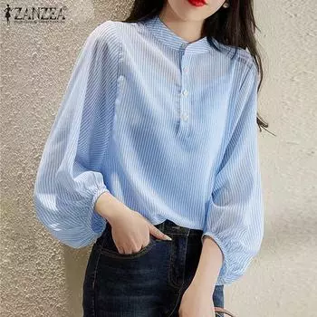 ZANZEA Женские летние рубашки с круглым вырезом и рукавом-фонариком в полоску M зелёный