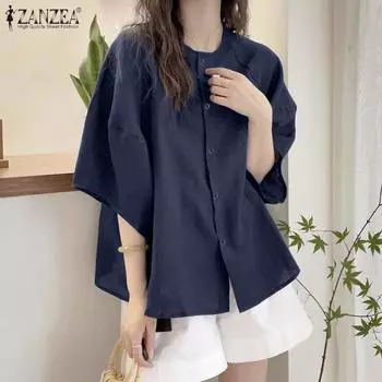 ZANZEA Женские летние рубашки с круглым вырезом и короткими рукавами 4XL
