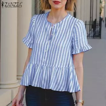 ZANZEA Женские летние рубашки с круглым вырезом и коротким рукавом в полоску с оборками 4XL зелёный