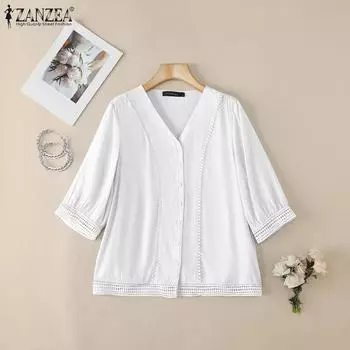 ZANZEA Женские летние рубашки с V-образным вырезом и короткими рукавами из кружева S синий