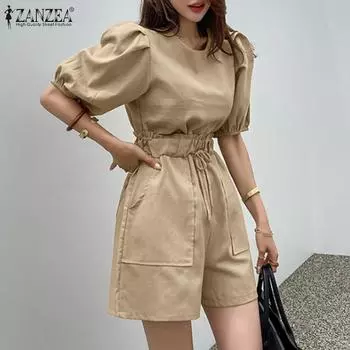 ZANZEA женские летние шорты с круглым вырезом и короткими рукавами, однотонные свободные шорты с карманами и верхом