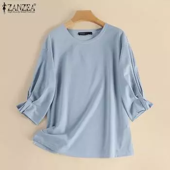 ZANZEA Женские летние свободные блузки с круглым вырезом и рукавами 3/4
