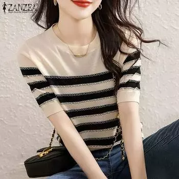 ZANZEA Женские летние свободные блузки с круглым вырезом и коротким рукавом в полоску с принтом S чёрный