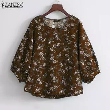 ZANZEA Женские летние свободные блузки с круглым вырезом и длинным рукавом с цветочным принтом S коричневый
