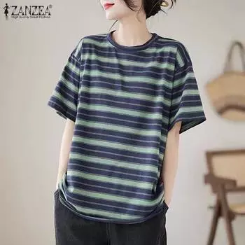 ZANZEA Женские летние свободные футболки с круглым вырезом и коротким рукавом в полоску S зелёный