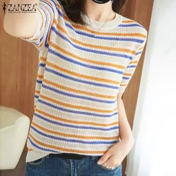 ZANZEA Женские летние свободные футболки с круглым вырезом и коротким рукавом в контрастную полоску S жёлтый