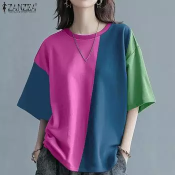 ZANZEA Женские летние свободные футболки с круглым вырезом и коротким рукавом в стиле колор-блок 3XL жёлтый