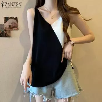 ZANZEA Женские летние свободные майки без рукавов с V-образным вырезом и цветными блоками S чёрный