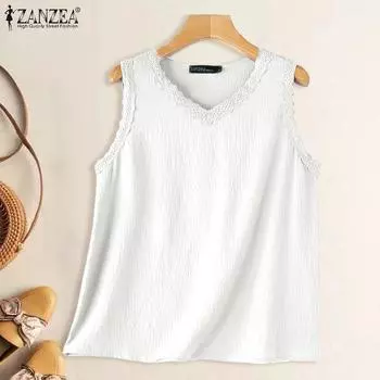 ZANZEA Женские летние свободные майки без рукавов с V-образным вырезом и кружевом 2XL белый