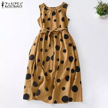 ZANZEA Женские летние свободные платья с круглым вырезом и без рукавов в горошек XL хаки