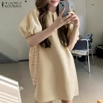 ZANZEA Женские летние свободные платья с круглым вырезом и коротким рукавом 3XL бежевый