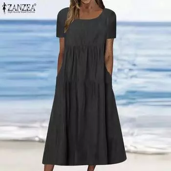 ZANZEA Женские летние свободные повседневные платья с короткими рукавами и v-образным вырезом