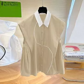 ZANZEA Женские летние свободные рубашки без рукавов с лацканами S зелёный