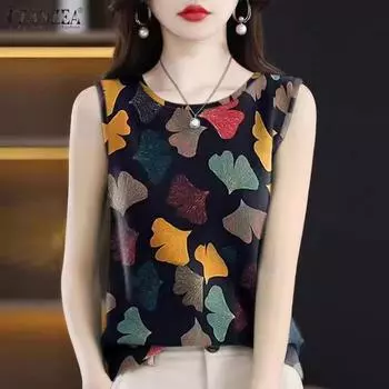 ZANZEA Женские летние свободные жилеты без рукавов с круглым вырезом и цветочным принтом S синий