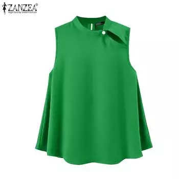 ZANZEA Женские летние свободные жилеты без рукавов с воротником-стойкой S зелёный
