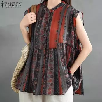 ZANZEA Женские летние свободные жилеты без рукавов с воротником-стойкой и принтом XL коричневый