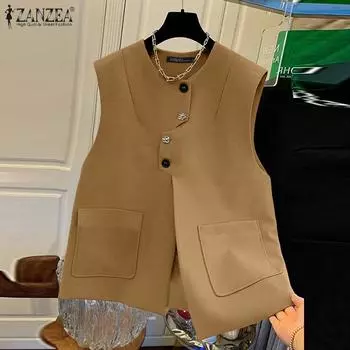 ZANZEA Женские летние свободные жилеты с круглым вырезом без рукавов и карманами на пуговицах S хаки