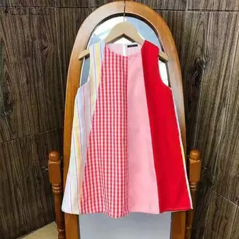 ZANZEA Женские летние топы А-силуэта с круглым вырезом и цветными полосками в клетку 4XL розовый