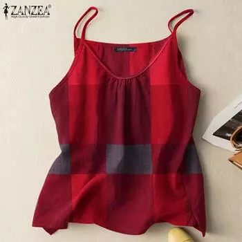 ZANZEA женские летние топы без рукавов в клетку с бретельками на бретельках L