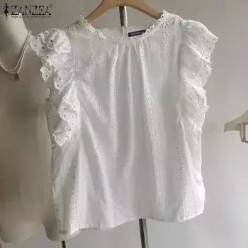 ZANZEA Женские летние топы с круглым вырезом, многослойными рукавами-оборками и кружевными ажурными майками XL фиолетовый