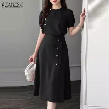 ZANZEA Женские летние топы с круглым вырезом и коротким рукавом, юбки и комплекты S чёрный