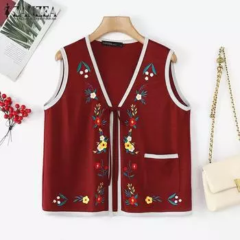 ZANZEA Женские летние трикотажные жилеты без рукавов с круглым вырезом и карманами S вино красного