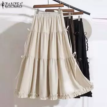 ZANZEA Женские летние юбки А-силуэта с эластичной резинкой на талии и завязывающимся узлом и оборками по подолу XL чёрный