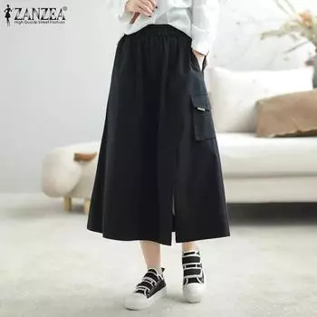 ZANZEA Женские летние юбки А-силуэта с разрезами и карманами S чёрный