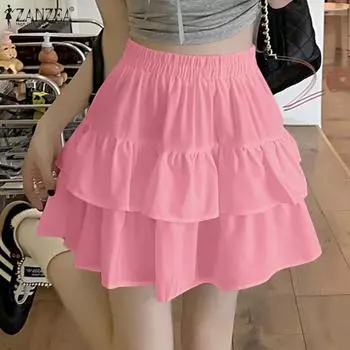 ZANZEA Женские летние юбки с эластичной талией и оборками по подолу M розовый