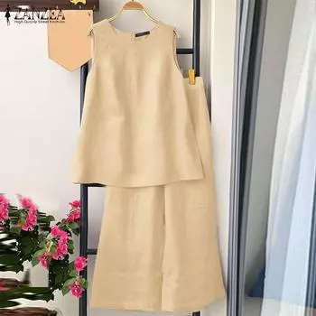 ZANZEA Женские летние жилеты без рукавов с круглым вырезом и широкими брюками S жёлтый