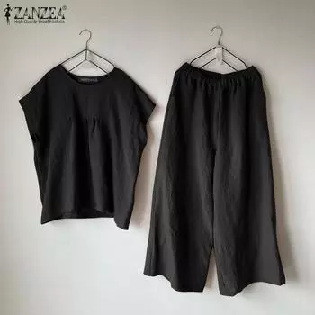 ZANZEA Женские летние жилеты без рукавов с круглым вырезом и широкими брюками S оранжевый