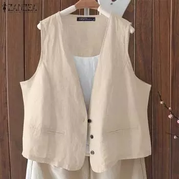 ZANZEA Женские летние жилеты без рукавов с V-образным вырезом и карманами на пуговицах S бежевый