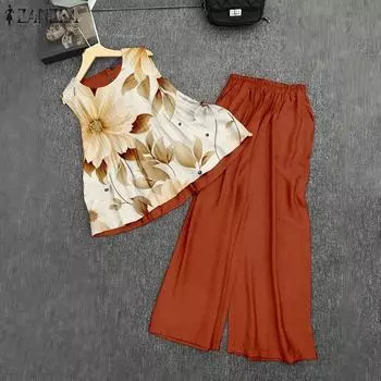 ZANZEA Женские летние жилеты с круглым вырезом без рукавов и широкими брюками S жёлтый