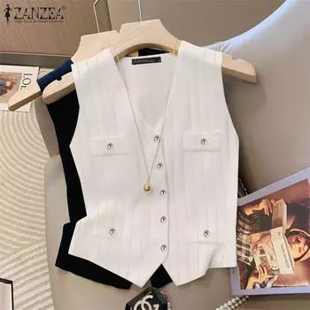ZANZEA Женские летние жилеты с круглым вырезом без рукавов на пуговицах S белый