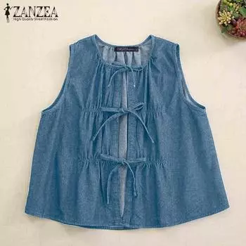ZANZEA Женские летние жилеты с круглым вырезом без рукавов и завязками, плиссированные чёрный