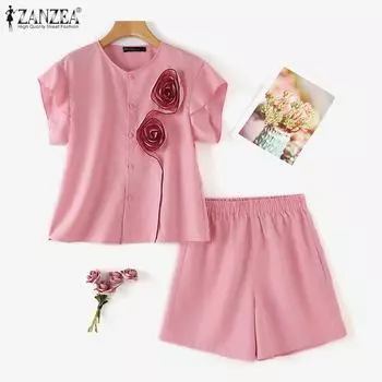 ZANZEA Женские лоскутные блузка и шорты летние комплекты из двух предметов 2XL розовый