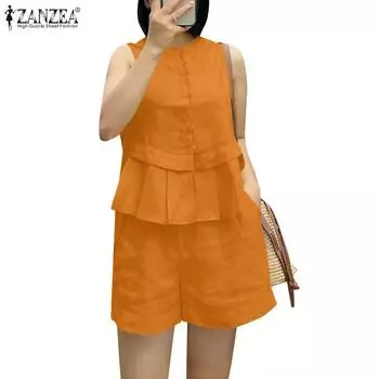 ZANZEA Женские майки без рукавов и шорты, летние комплекты из двух частей S оранжевый
