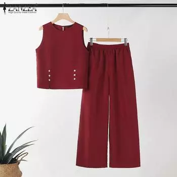 ZANZEA Женские майки и брюки Повседневные комплекты из двух частей 5XL красный