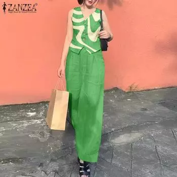 ZANZEA Женские майки и брюки с принтом, повседневные комплекты из двух предметов 3XL зелёный
