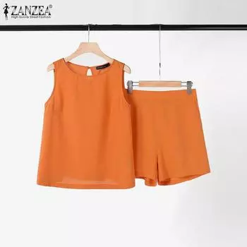 ZANZEA Женские майки и шорты без рукавов, повседневный комплект из двух предметов 4XL фиолетовый