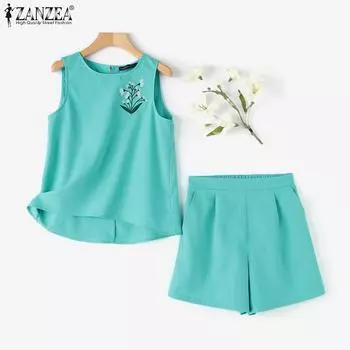 ZANZEA Женские майки и шорты с цветочным принтом, повседневные комплекты из двух предметов 5XL хаки