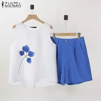 ZANZEA Женские майки и шорты с цветочным принтом, повседневные комплекты из двух предметов 5XL синий