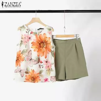 ZANZEA Женские майки и шорты с цветочным принтом, повседневный комплект из двух предметов S зелёный