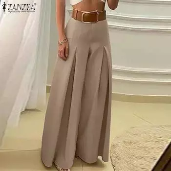 ZANZEA Женские модные эластичные талии плиссированные прямые брюки S серый