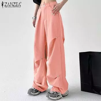 ZANZEA женские модные однотонные свободные широкие брюки со средней посадкой и карманами на молнии с заклепками