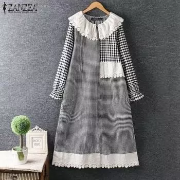 ZANZEA Женские модные платья А-силуэта с длинным рукавом и кружевом в клетку S чёрный