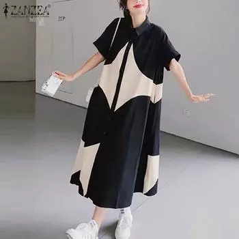 ZANZEA Женские модные платья-рубашки с коротким рукавом и принтом контрастного цвета S чёрный