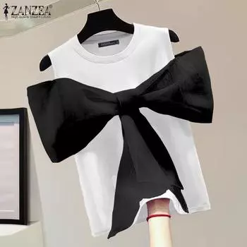 ZANZEA Женские модные свободные майки без рукавов с круглым вырезом и цветными блоками с завязками на узле