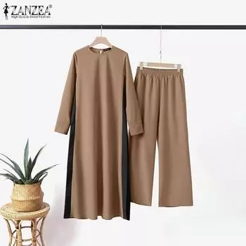 ZANZEA женские мусульманские комплекты, асимметричный пуловер с раздельным краем, эластичный пояс, широкие брюки, 2 шт.